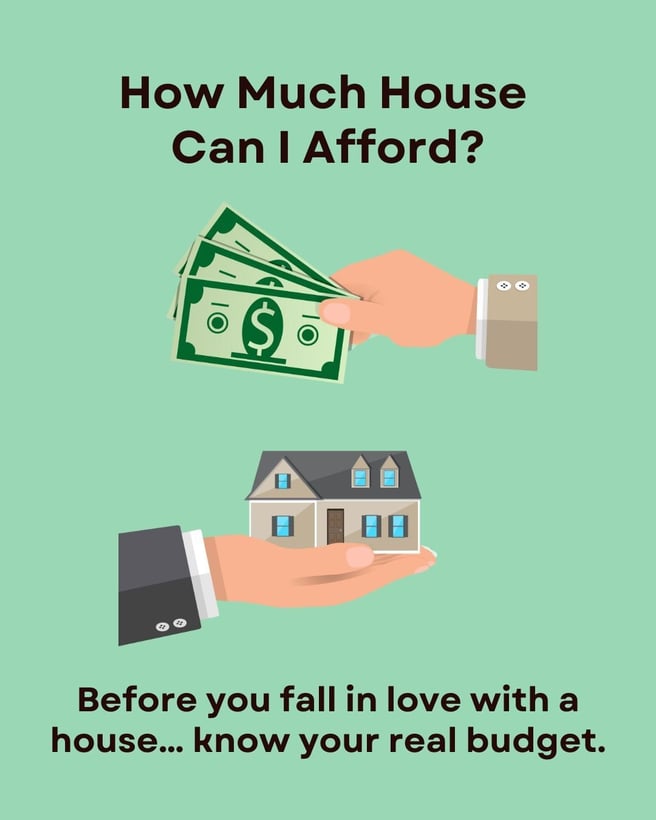 Infographic with one hand holding a house and the other holding cash. The text reads: How much house can I afford? Before you fall in love with a house ... know your real budget.