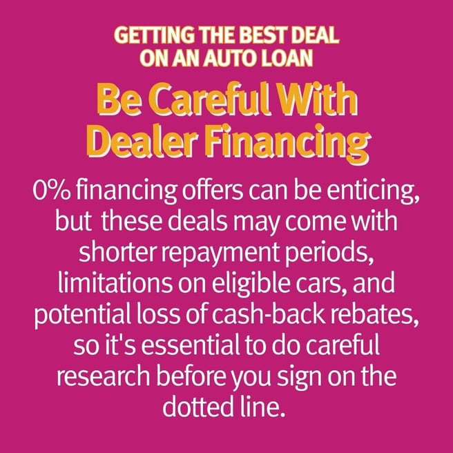Infographic that says: 'Getting the best deal on an auto loan. Be careful with dealer financing. 0% financing offers can be enticing, but these deals may come with shorter repayment periods, limitations on eligible cars and potential loss of cash-back rebates, so careful research is essential.'