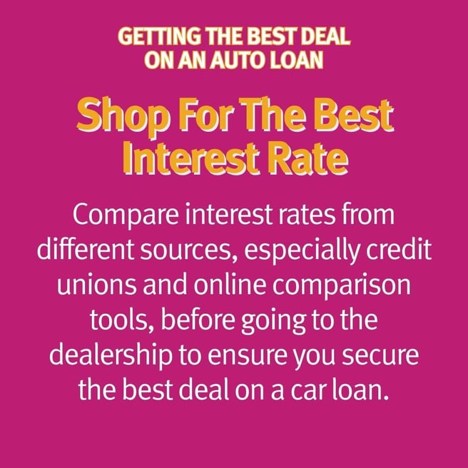 Infographic with text that says: 'Getting the best deal on an auto loan. Shop for the best interest rate. Compare rates from different sources, especially credit unions and online comparison tools, before going to the dealership to ensure you secure the best deal on a car loan.'