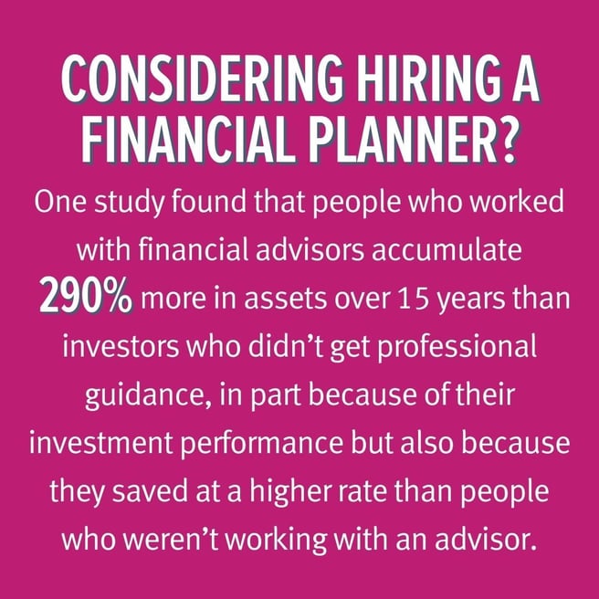 Infographic that reads: Considering hiring a financial planner? One study found that people who worked with advisors accumulate 290% more in assets over 15 years than investors who didn't get professional guidance, because of their investment performance and because they saved at a higher rate.