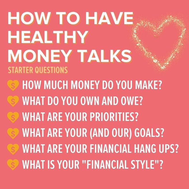 Infographic with text that reads: 'How to have health money talks. Starter questions: How much money do you make? What do you own and owe? What are your priorities? What are your (and our) goals? What are your financial hang ups? What is your financial style?'