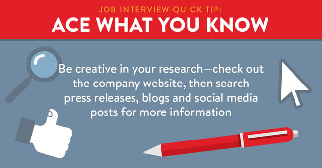 Infographic with text that reads: J'ob interview quick tip: Ace what you know. Be creative in your research. Check out the company website, then search press releases, blogs and social media posts for more information.'