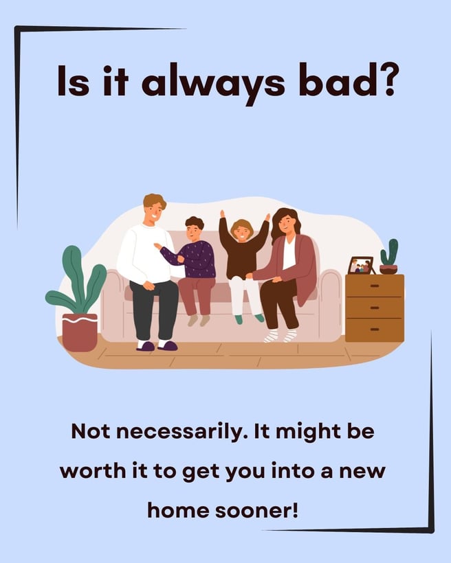 Infographic featuring a family sitting on a couch in the living room. Text about private mortgage insurance reads: 'Is it always bad? Not necessarily. It might be worth it to get you into a new home sooner!'