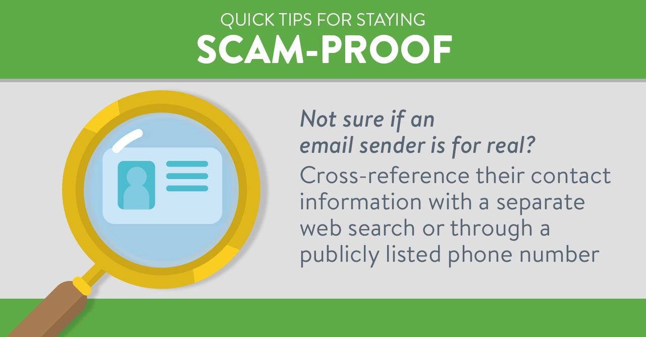 Infographic with a magnifying glass with text that reads: 'Not sure if an email sender is for real? Cross-reference their contact information with a separate web search or through a publicly listed phone number.'