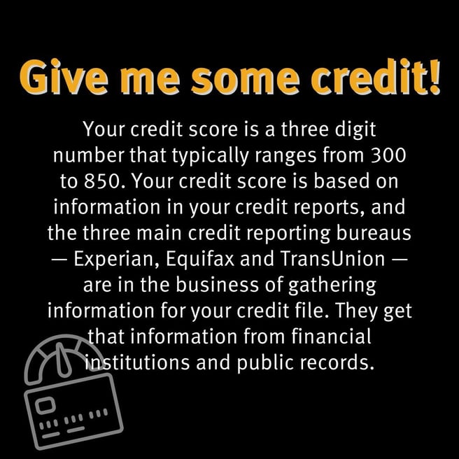 Infographic 'Give me some credit!' Text: Your credit score ranges from 300 to 850, based on data in your credit reports. The three main bureaus—Experian, Equifax and TransUnion—gather this information from financial institutions and public records for your credit file.