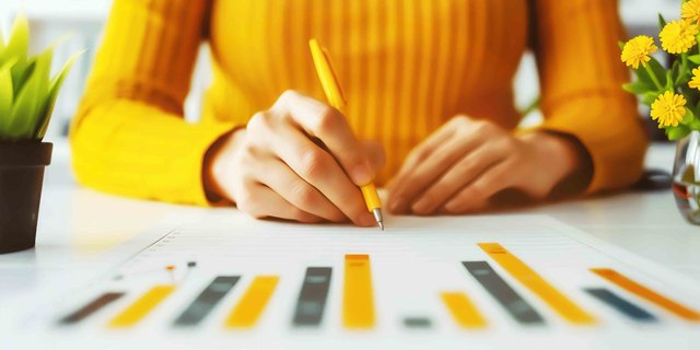 Woman works on financial planning with a pen to paper with a printed graph