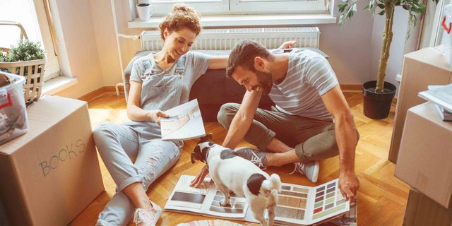 Young couple reviews house plans at home while their dog stands on them, representing pets as part of the family and why pet insurance matters