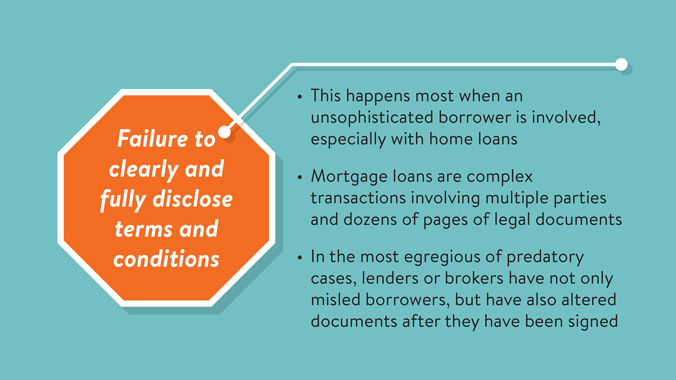 Telltale warning signs of predatory lending: Failure to clearly and fully disclose terms and conditions