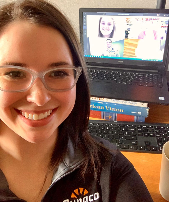 Dupaco’s Sarah Pink greets the newest staff members for virtual onboarding April 10. More than 300 staff members worked remotely at the beginning of the pandemic. Even while social distancing, the credit union strives to grow and sustain a culture that cares. (S. Pink/Dupaco photo)