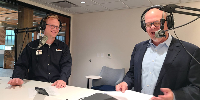 Dupaco's Dave Klavitter (right) Shares A Story With The Credit Union's Community Outreach & Education Manager Tony Viertel While Recording In The Studio At The Dupaco Voices Building. (M. Blondin/Dupaco Photo)
