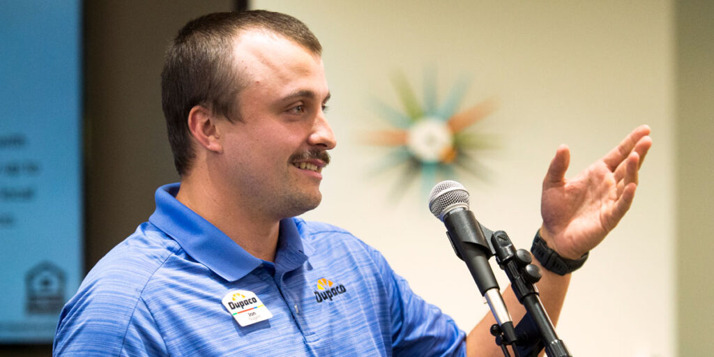 Dupaco’s Jon Nugent speaks during the ribbon-cutting ceremony Sept. 27 at the Mineral Point Road branch in Madison, Wis. (K. Wolf photo)