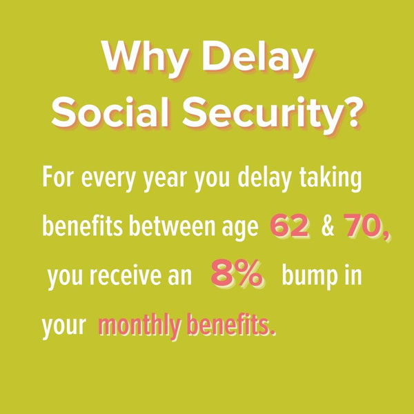 Why delay social security? For every year you delay taking benefits between age 62 & 70, you receive an 8% bump in your monthly benefits.