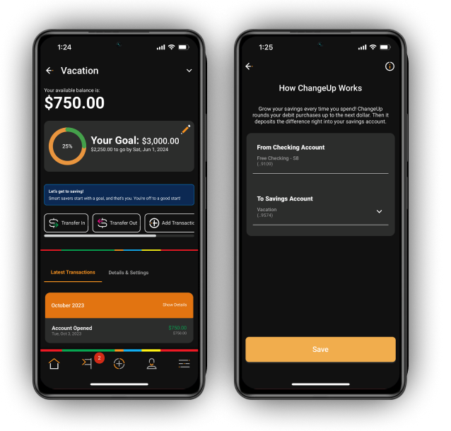 A mobile device in dark mode displaying a savings goal account in the Shine app.