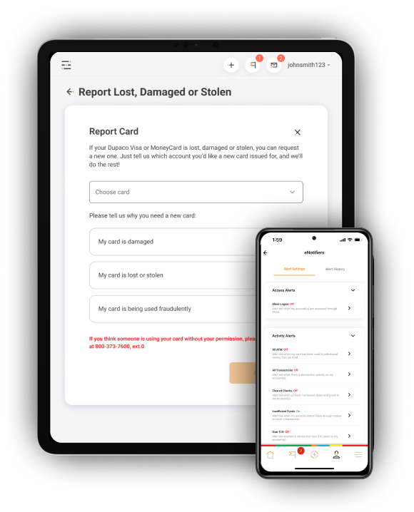 Reporting a lost, damaged or stolen card and setting up eNotifiers, displayed on a mobile and tablet device.