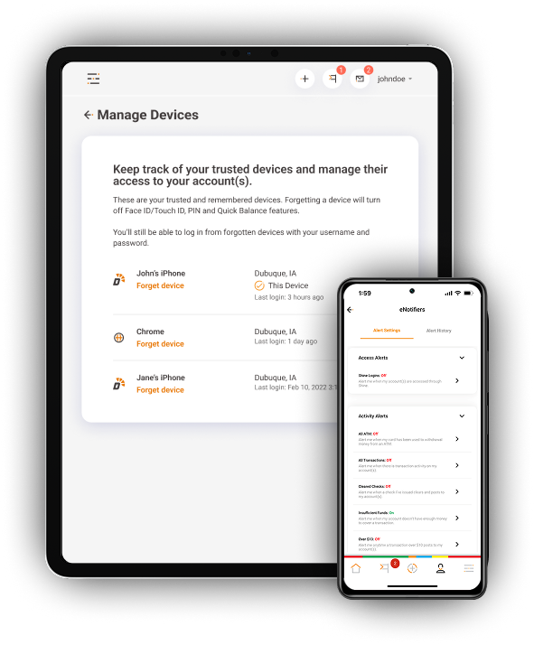 Reporting a lost, damaged or stolen card and setting up eNotifiers, displayed on a mobile and tablet device.