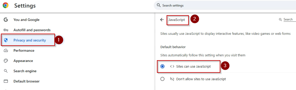 Example of JavaScript settings in the Chrome browser.