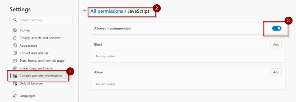 Example of JavaScript settings in the Edge browser.