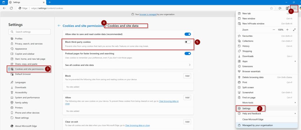 Example of finding third-party cookie settings in the Edge browser.
