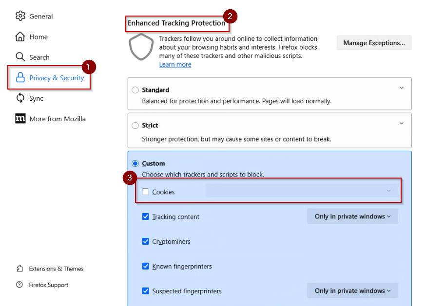 Example of finding third-party cookie settings in the Firefox browser.