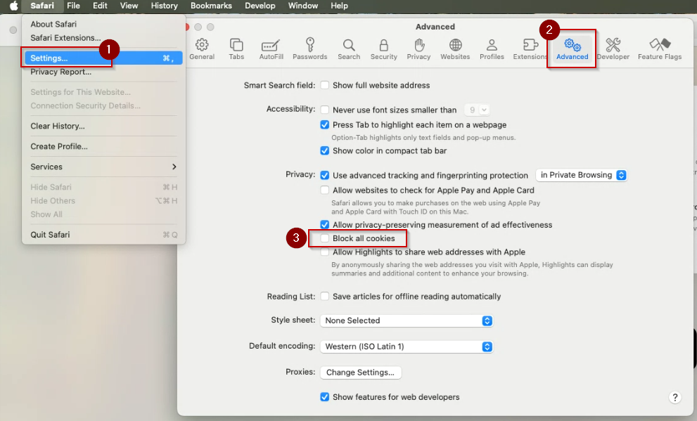 Example of finding third-party cookie settings in the Safari browser.